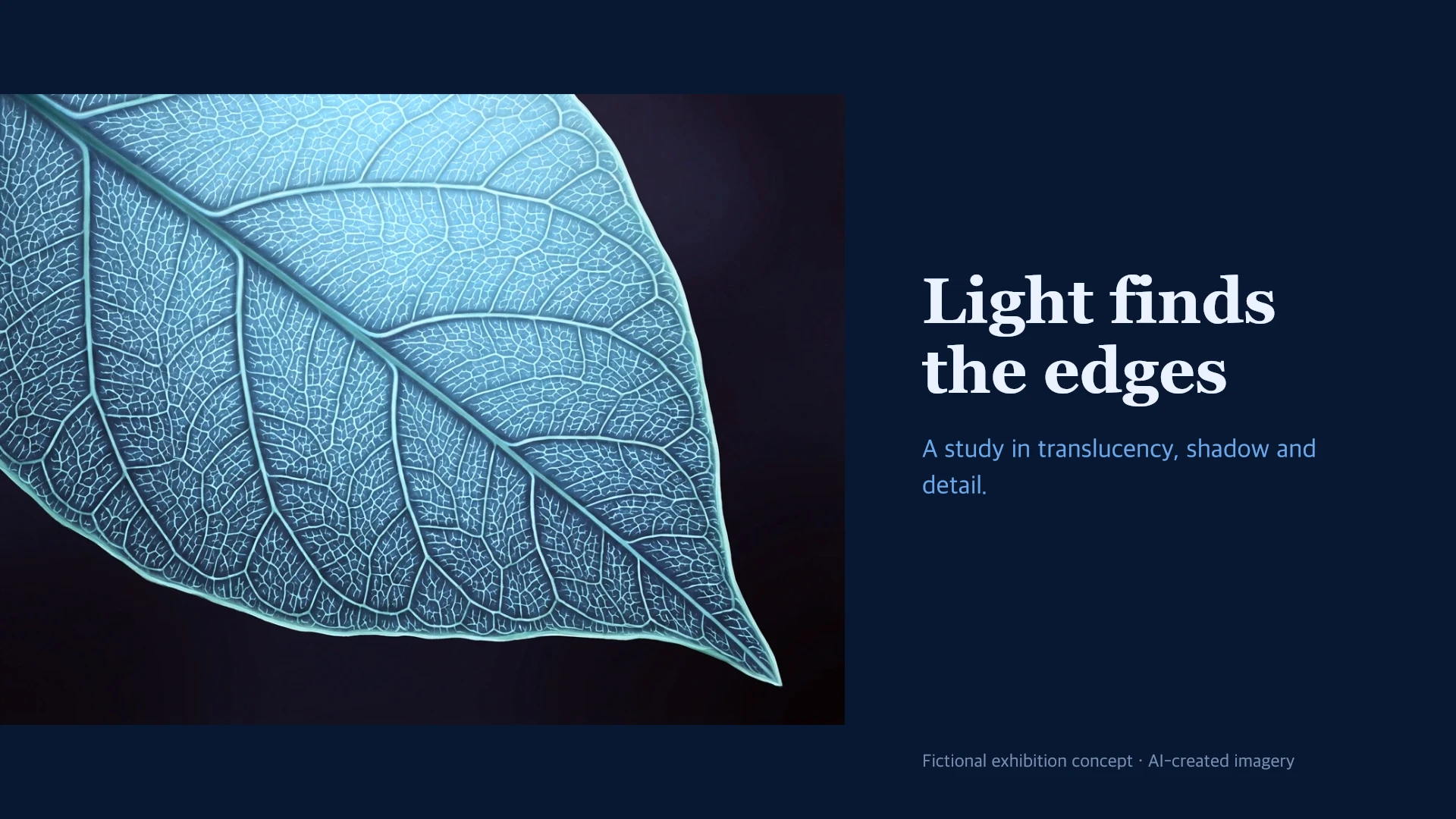 Actual Night Garden slide created in MiniMe: luminous leaf artwork beside editable ice-blue typography