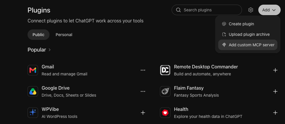 ChatGPT Plugins page with the Add menu open and Add custom MCP server highlighted.